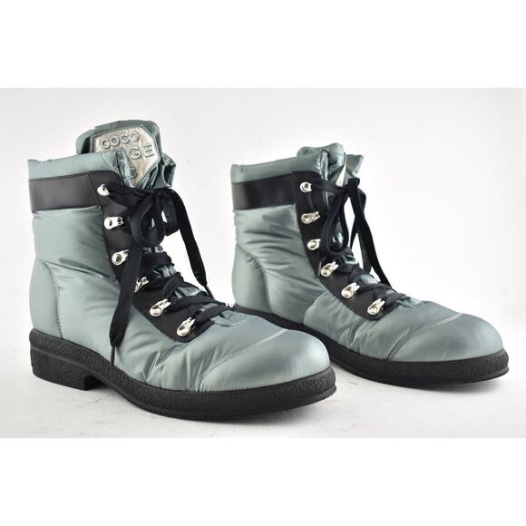 Chanel 18B Green Black Nylon CC Logo Coco Neige Snow Winter Lace Up Tie Boots 42 - Picture 2 of 10